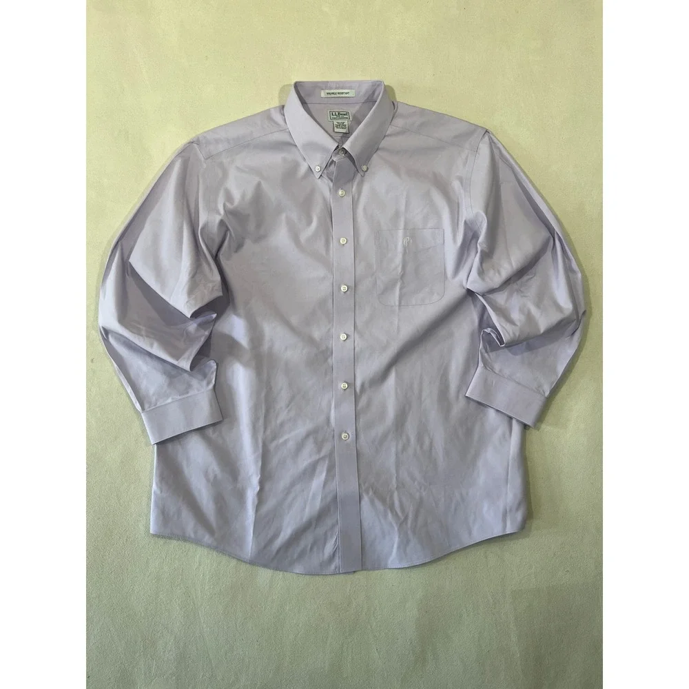 LL Bean Mens Lavender Wrinkle Resistant Cotton Button Down Shirt 17.5-34 251423